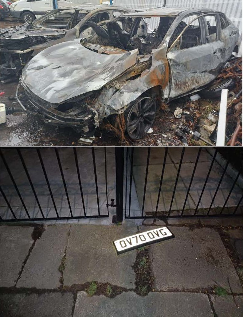 Burnt-out car & numberplate