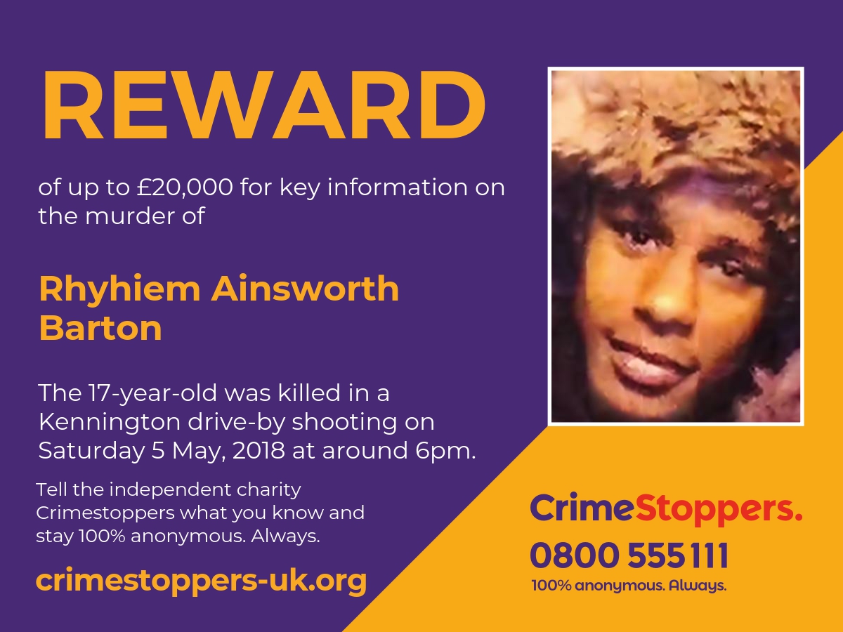 Crimestoppers reward for information on the murder of Rhyhiem Ainsworth Barton