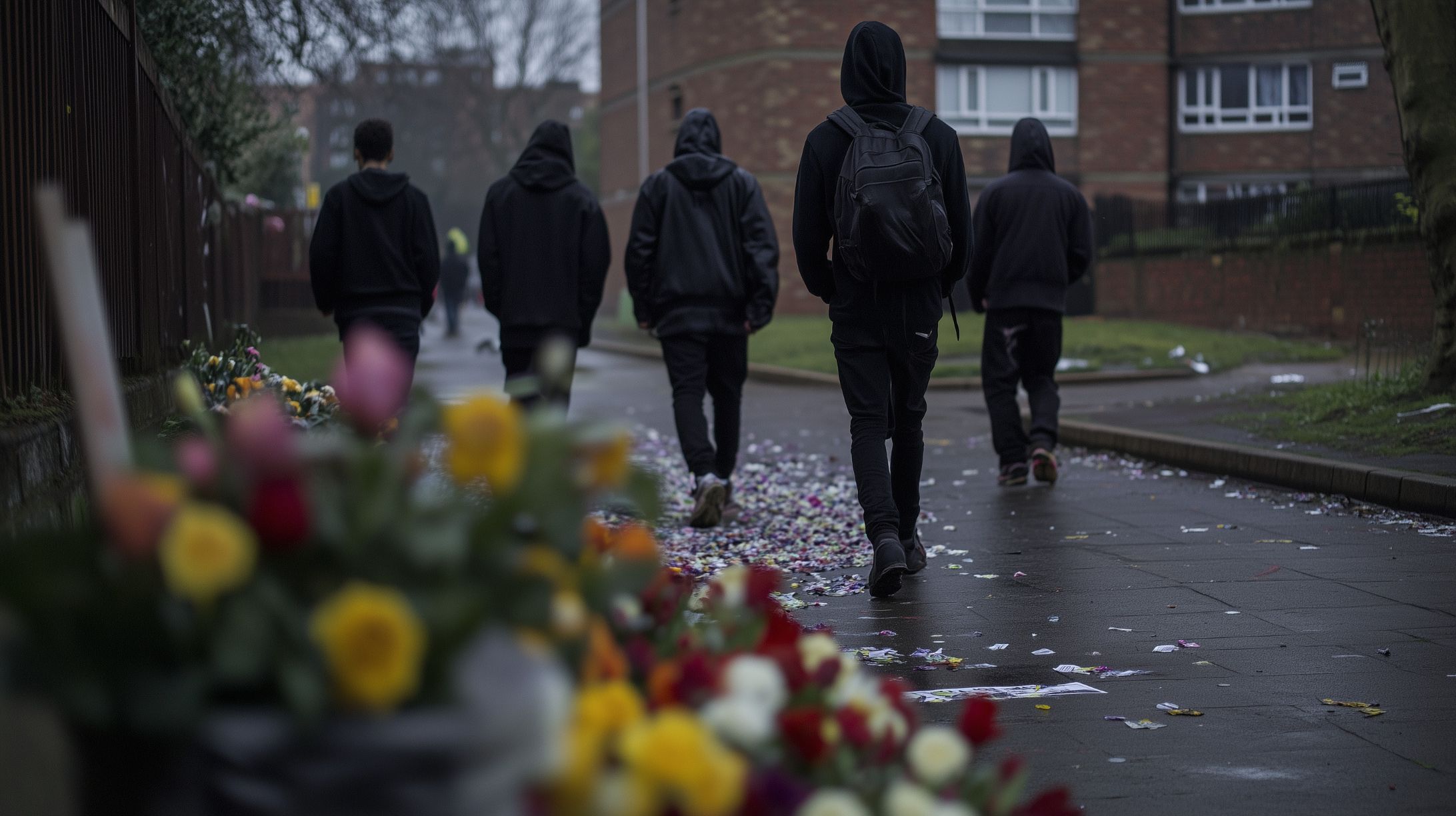 Group of dark-clad boys walking