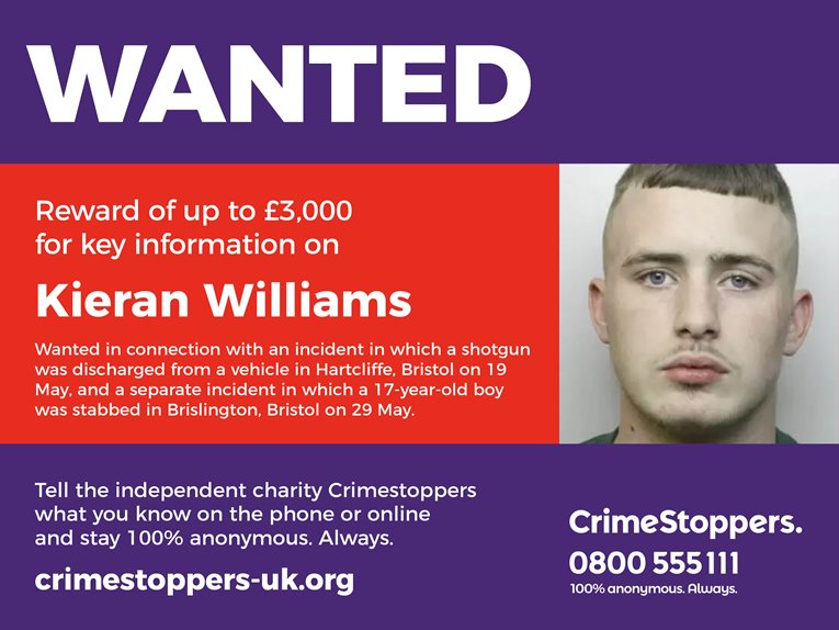 Bristol £3000 Reward Offered To Find Wanted Man Kieran Williams 0867