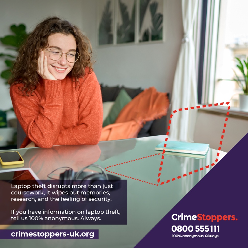 Crimestoppers graphic about laptop theftt
