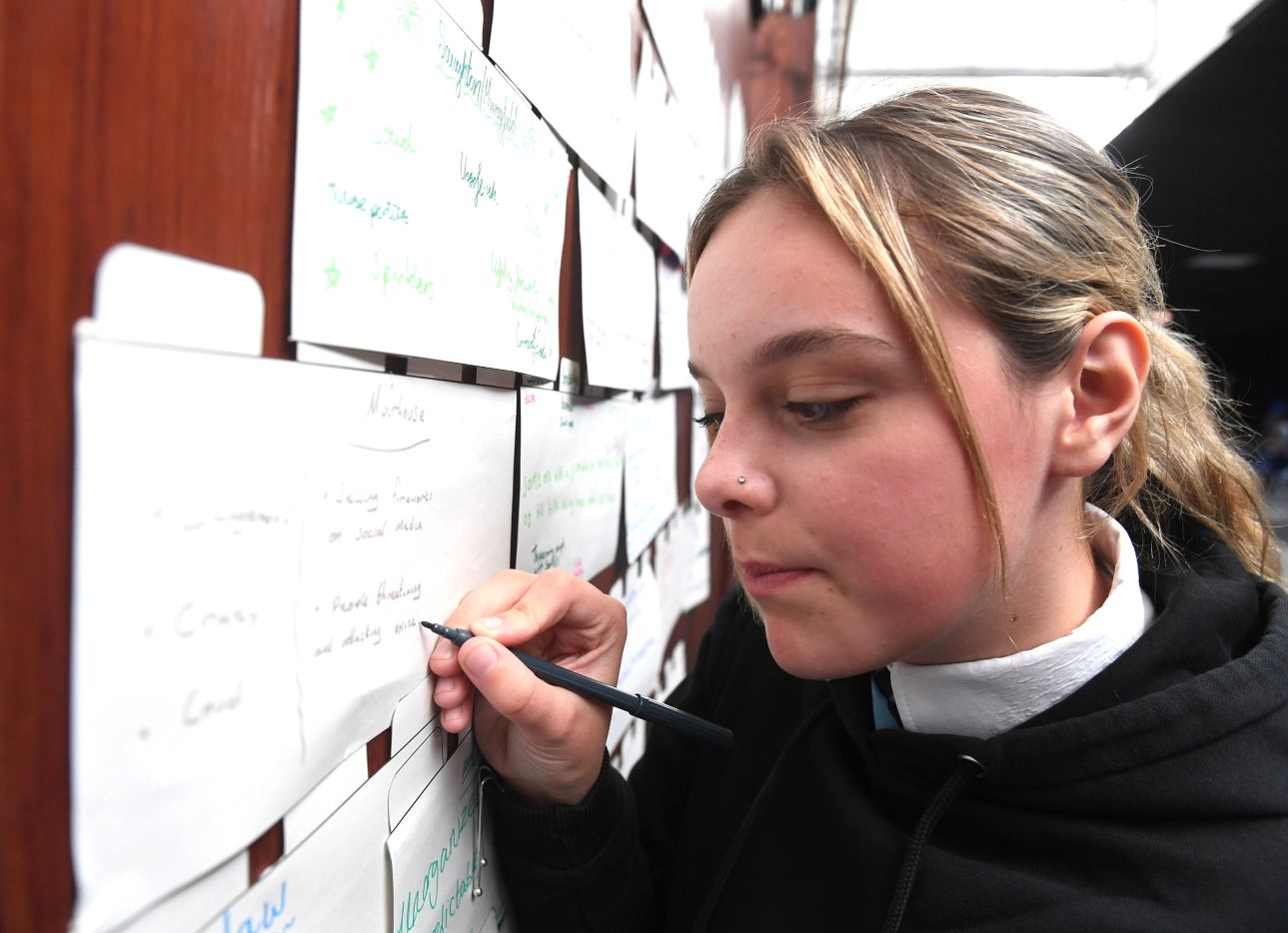 Girl adding an idea to the wall